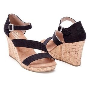 TOMS Clarissa Wedge Sandals Women 8.5 Black Cork Platform Espadrille Ankle Strap